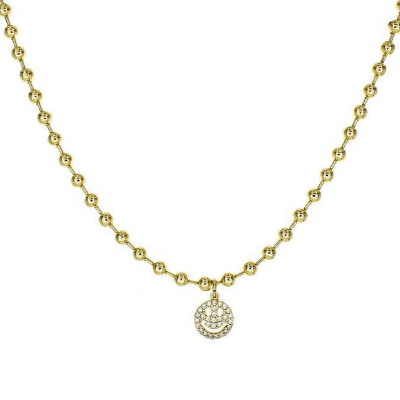 14K Gold Plated Smiley Face Cubic Zirconia Necklace 14k Gold Chain Gems Diamond - Picture 2 of 4